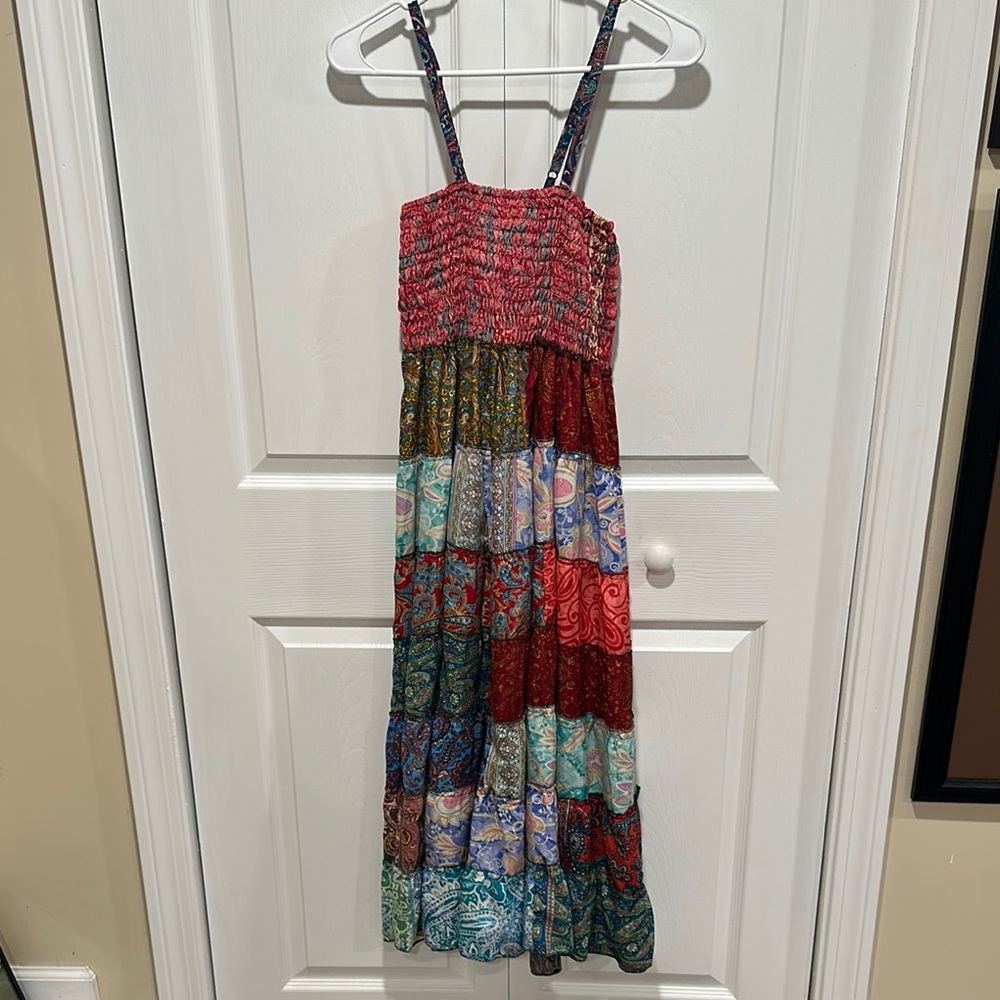 Hand Crafted Red Smocked Multicolor Patchwork Midi Dress